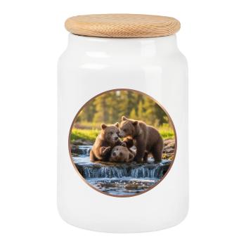 Design de t-shirt « Ourson jouant » - Boîte à biscuits avec couvercle en bois - blanc - Devant