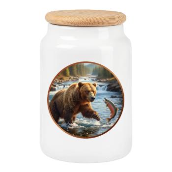 T-Shirt-Design „Fischender Braunbär“ - Keksdose mit Holzdeckel - Weiß - Vorne