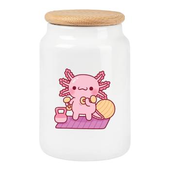 Cute Axolotl Workout With Dumbbells - Cookie Jar with Wooden Lid - white - Front