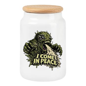 Ich komme in Frieden Alien Monster Shirt - Keksdose mit Holzdeckel - Weiß - Vorne