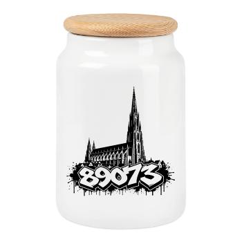 Ulm Motif 5 - Cookie Jar with Wooden Lid - white - Front
