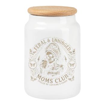 Moms Club Feral & Unhinged - Humor Mom Skull - Cookie Jar with Wooden Lid - white - Front