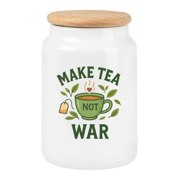 Make Tea Not War – It's Tea - Time - Cookie Jar with Wooden Lid - white - Front