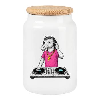 DJ Cheval en t-shirt rose - Boîte à biscuits avec couvercle en bois - blanc - Devant