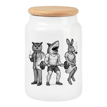 Anthro Trio : Gym, Bureau & Pipe - Boîte à biscuits avec couvercle en bois - blanc - Devant