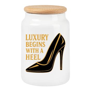Luxury High Heel – Noble Gold Design Saying - Cookie Jar with Wooden Lid - white - Front