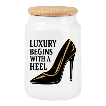 Luxury High Heel – Noble Gold Design Saying - Cookie Jar with Wooden Lid - white - Front