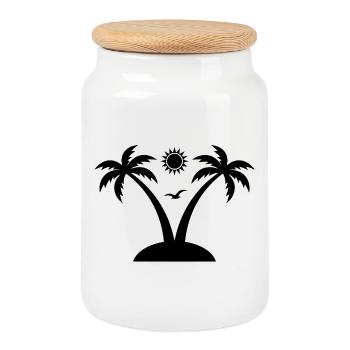 Tropical Island Sticker - Palm and Sun Design - Cookie Jar with Wooden Lid - white - Front