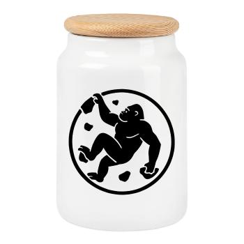 Gorilla Bouldern: Minimalist Badge Logo - Keksdose mit Holzdeckel - Weiß - Vorne
