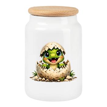 Un petit dinosaure mignon éclot de l’œuf - Boîte à biscuits avec couvercle en bois - blanc - Devant