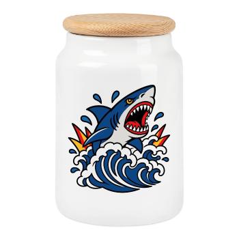 Furious shark in the tattoo style waves - Cookie Jar with Wooden Lid - white - Front