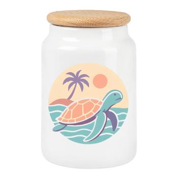 Tortue rétro sur la plage - Boîte à biscuits avec couvercle en bois - blanc - Devant