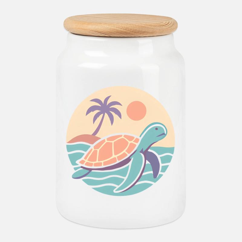 Retro turtle on the beach - Cookie Jar with Wooden Lid - white