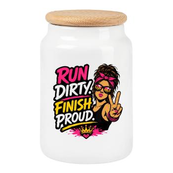 Design de la Coureuse Coureuse Fier de Run Finish Run Dirty - Boîte à biscuits avec couvercle en bois - blanc - Devant