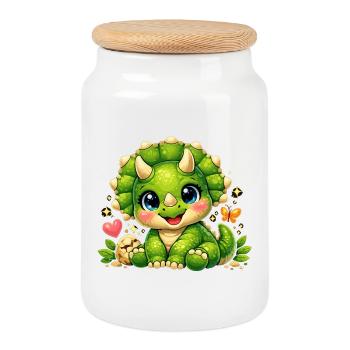 Cute Triceratops – Little Baby Dinosaur - Cookie Jar with Wooden Lid - white - Front