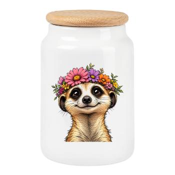Meerkat with floral decoration - Cookie Jar with Wooden Lid - white - Front