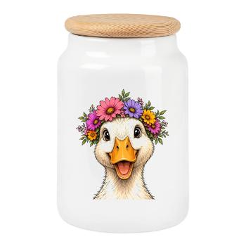 Duck with floral decoration - Cookie Jar with Wooden Lid - white - Front