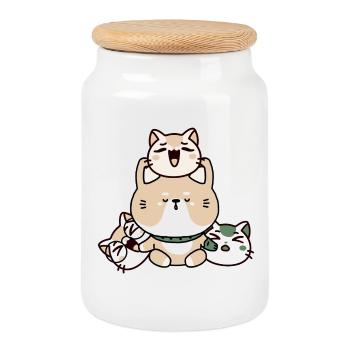 Kawaii Zen Meditation Cat with Hand Prosthesis - Cookie Jar with Wooden Lid - white - Front