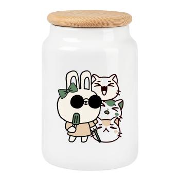 Blind Kawaii Bunny with White Cane and Cream - Cookie Jar with Wooden Lid - white - Front
