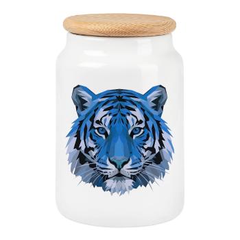 Blauer Polygon-Tiger Kopf - Keksdose mit Holzdeckel - Weiß - Vorne