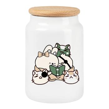 Kawaii Book Club: Cats and Rabbit - Cookie Jar with Wooden Lid - white - Front