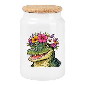 Crocodile décoré floral - Boîte à biscuits avec couvercle en bois - blanc - Devant