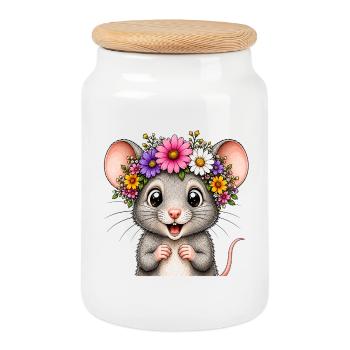 Fröhliche Maus mit Blumenschmuck  - Keksdose mit Holzdeckel - Weiß - Vorne