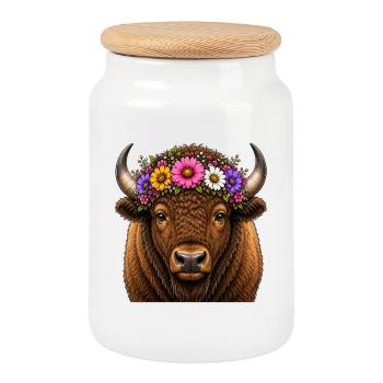 Bison décoré de fleurs - Boîte à biscuits avec couvercle en bois - blanc - Devant