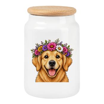 Smiling dog with floral decoration - Cookie Jar with Wooden Lid - white - Front