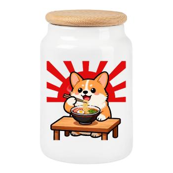 Corgi Eats Ramen Noodle Dog Kawaii - Cookie Jar with Wooden Lid - white - Front