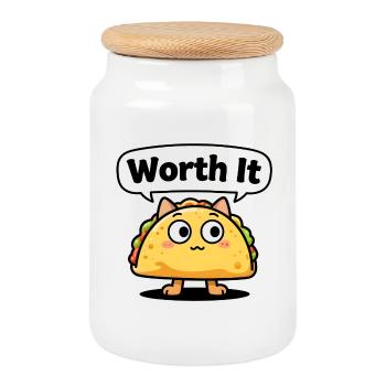 Expressive taco cat – even "Worth It" - Cookie Jar with Wooden Lid - white - Front