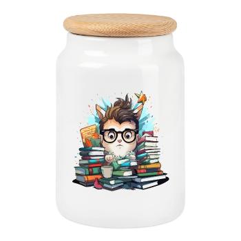 Stack of books cat with glasses - Cookie Jar with Wooden Lid - white - Front