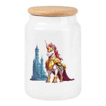 Golden Unicorn in front of Castle - Cookie Jar with Wooden Lid - white - Front