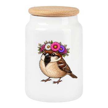 Bird with floral decoration - Cookie Jar with Wooden Lid - white - Front