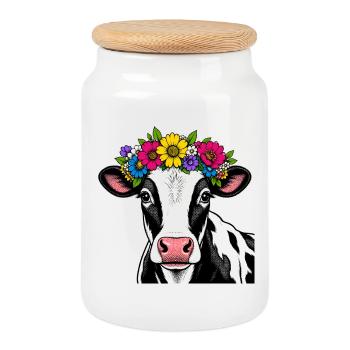 Cow with floral decoration - Cookie Jar with Wooden Lid - white - Front