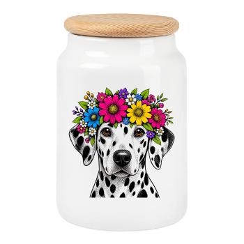 Dalmatiner mit Blumenkranz - Keksdose mit Holzdeckel - Weiß - Vorne