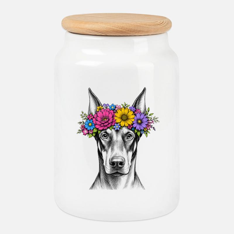 Dog with flower crown - Cookie Jar with Wooden Lid - white