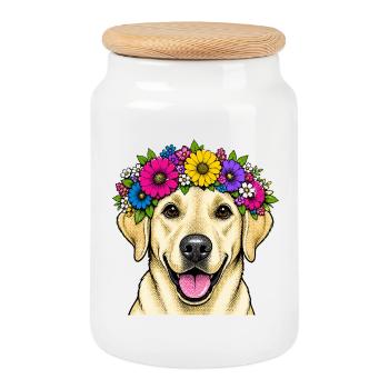 Flower Crown Labrador Dog Motif - Cookie Jar with Wooden Lid - white - Front