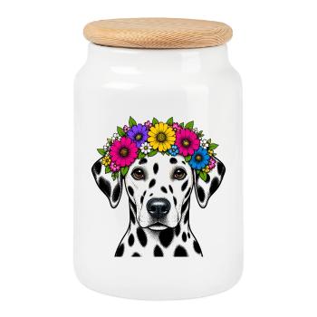 Dalmatien avec couronne de fleurs - Boîte à biscuits avec couvercle en bois - blanc - Devant