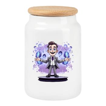 Spectacle de magicien en costume avec énergie - Boîte à biscuits avec couvercle en bois - blanc - Devant