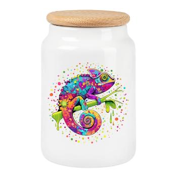Chameleon Watercolor Fantasy - Cookie Jar with Wooden Lid - white - Front