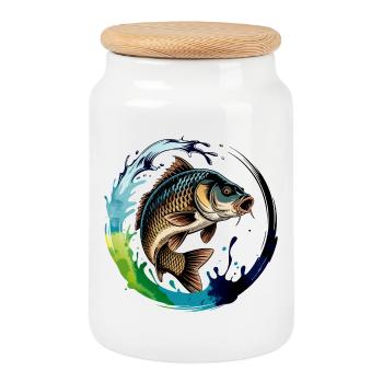 Jumping Carp - Cookie Jar with Wooden Lid - white - Front