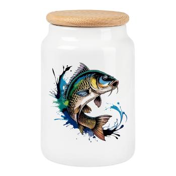 Jumping Carp - Cookie Jar with Wooden Lid - white - Front