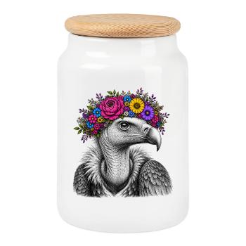 Flower Wreath Bird Portrait - Cookie Jar with Wooden Lid - white - Front