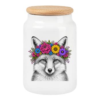 Fox head with flower wreath - Cookie Jar with Wooden Lid - white - Front