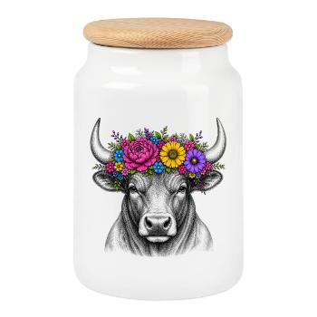 Floral Wreath Bull Head Illustration - Cookie Jar with Wooden Lid - white - Front