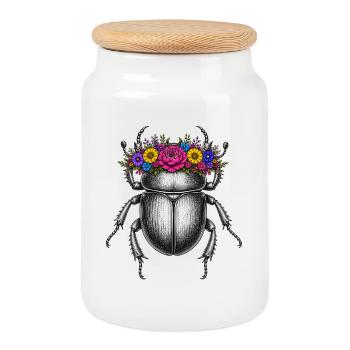 Scarabée avec couronne de fleurs - Boîte à biscuits avec couvercle en bois - blanc - Devant