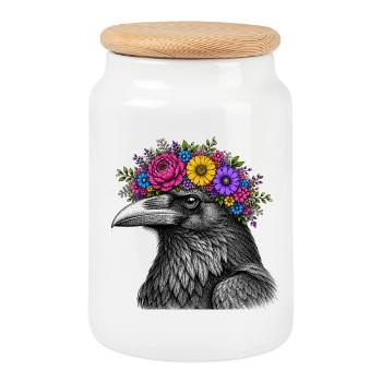Tête de corbeau avec couronne de fleurs - Boîte à biscuits avec couvercle en bois - blanc - Devant