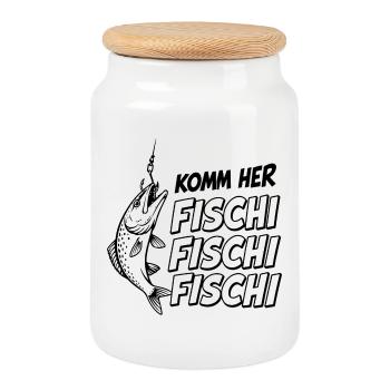 Angler Spruch Komm her Fischi Fischi Angeln - Keksdose mit Holzdeckel - Weiß - Vorne