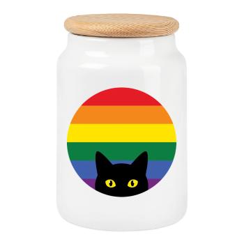 Pride Month LGBT -  Peeking Cat - Cookie Jar with Wooden Lid - white - Front